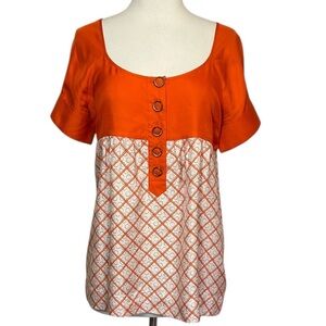 Juicy Couture Y2K 100% Silk Babydoll Orange and White Blouse Button Accents sz M